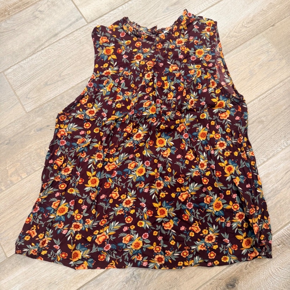 Old Navy Floral Sleeveless Ruffle Neck Blouse Burgundy Orange Large Tall